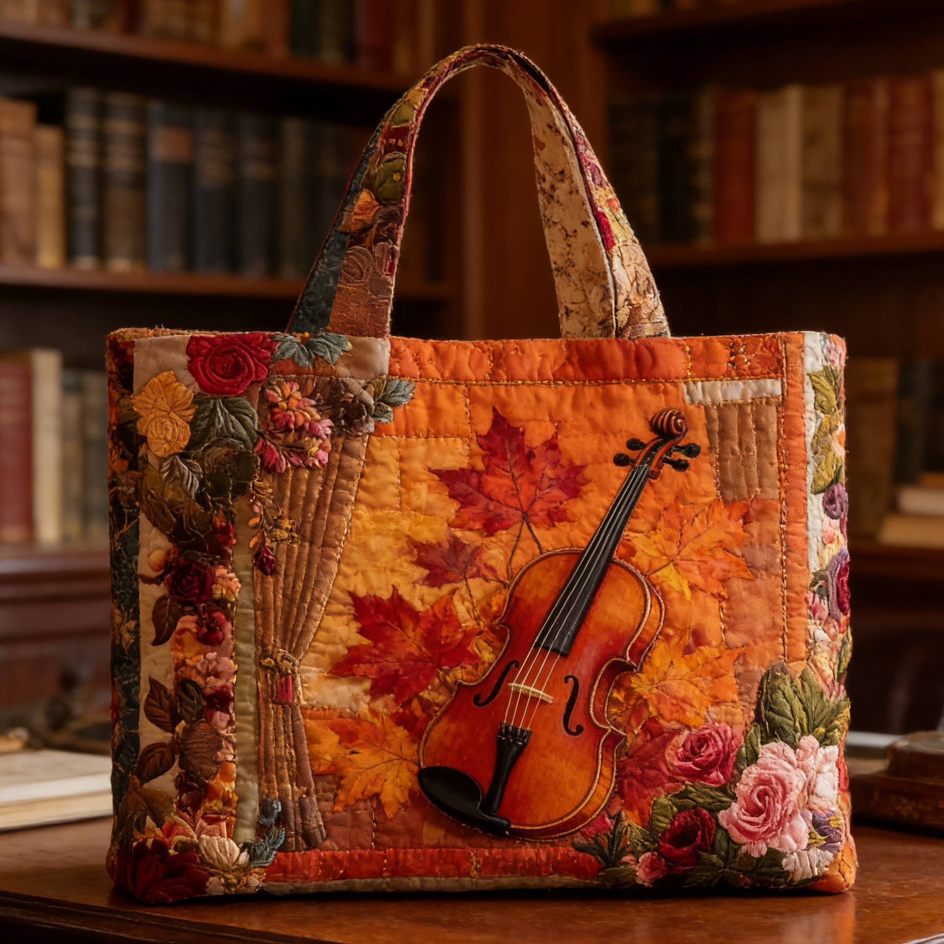 Fall-Themed Violin Quilted Tote Bag OSPX6372