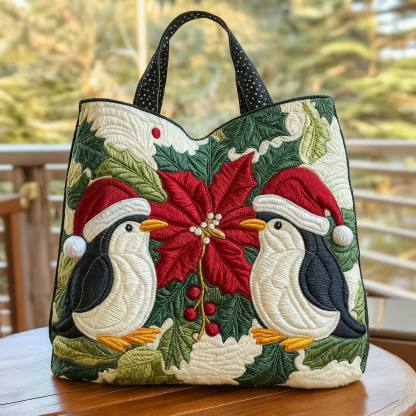 Holiday Penguin Quilted Tote Bag  Christmas bag