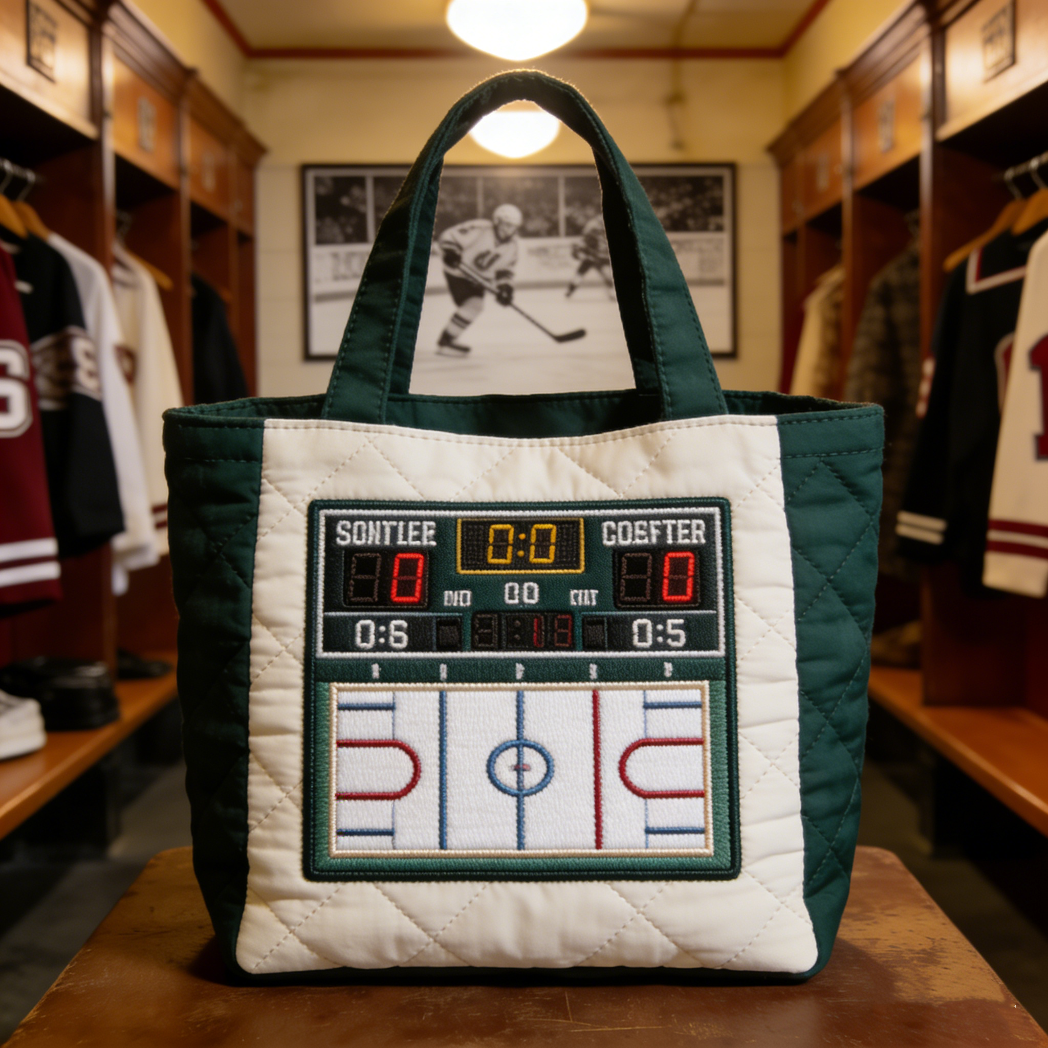 Handmade Quilted Sporty Tote Bag, Hockey Pattern Fabric Shoulder Handbag