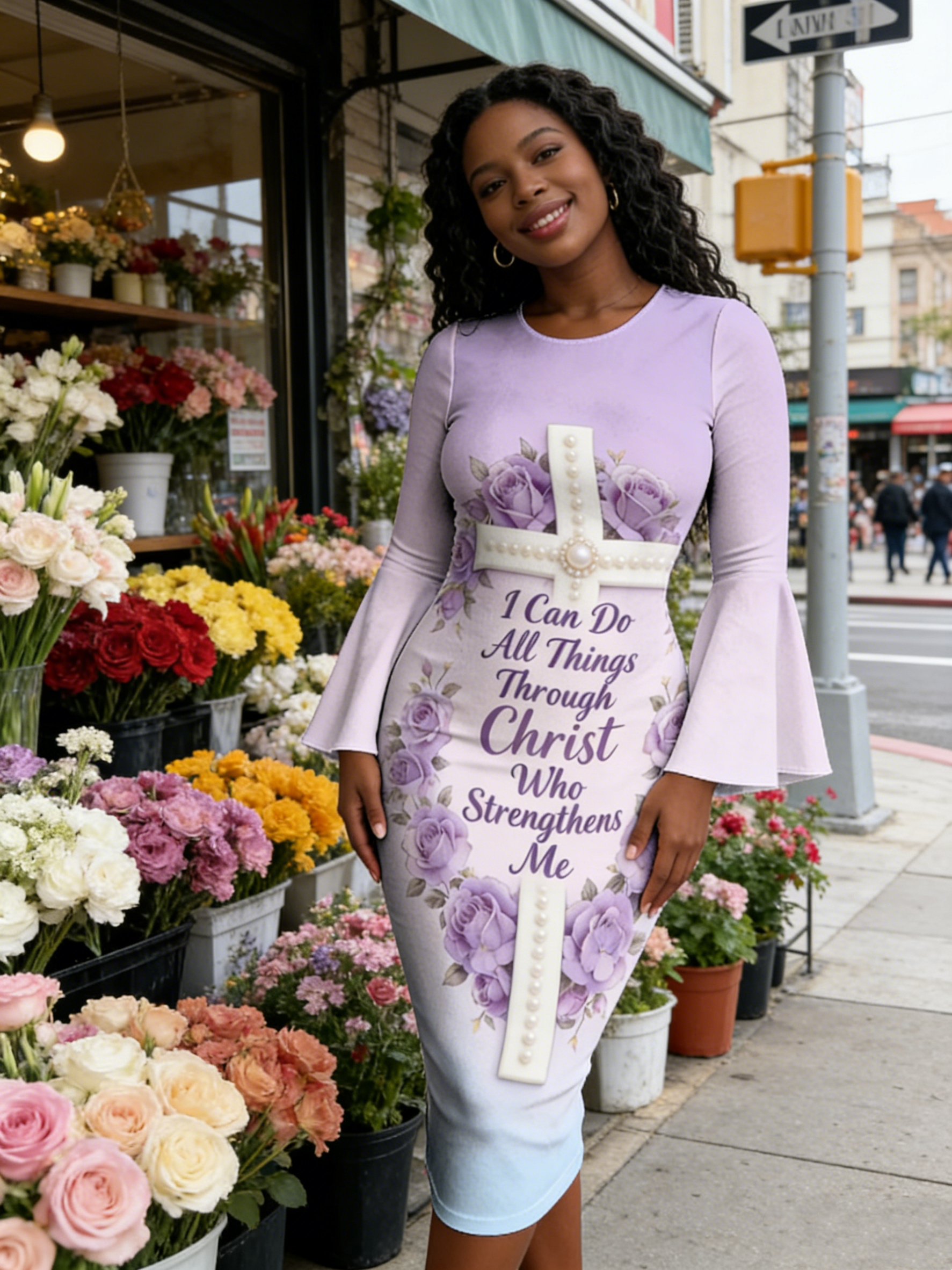 Ombre Purple-Blue Pearl Cross Easter Flare Sleeve Bodycon Midi Dress