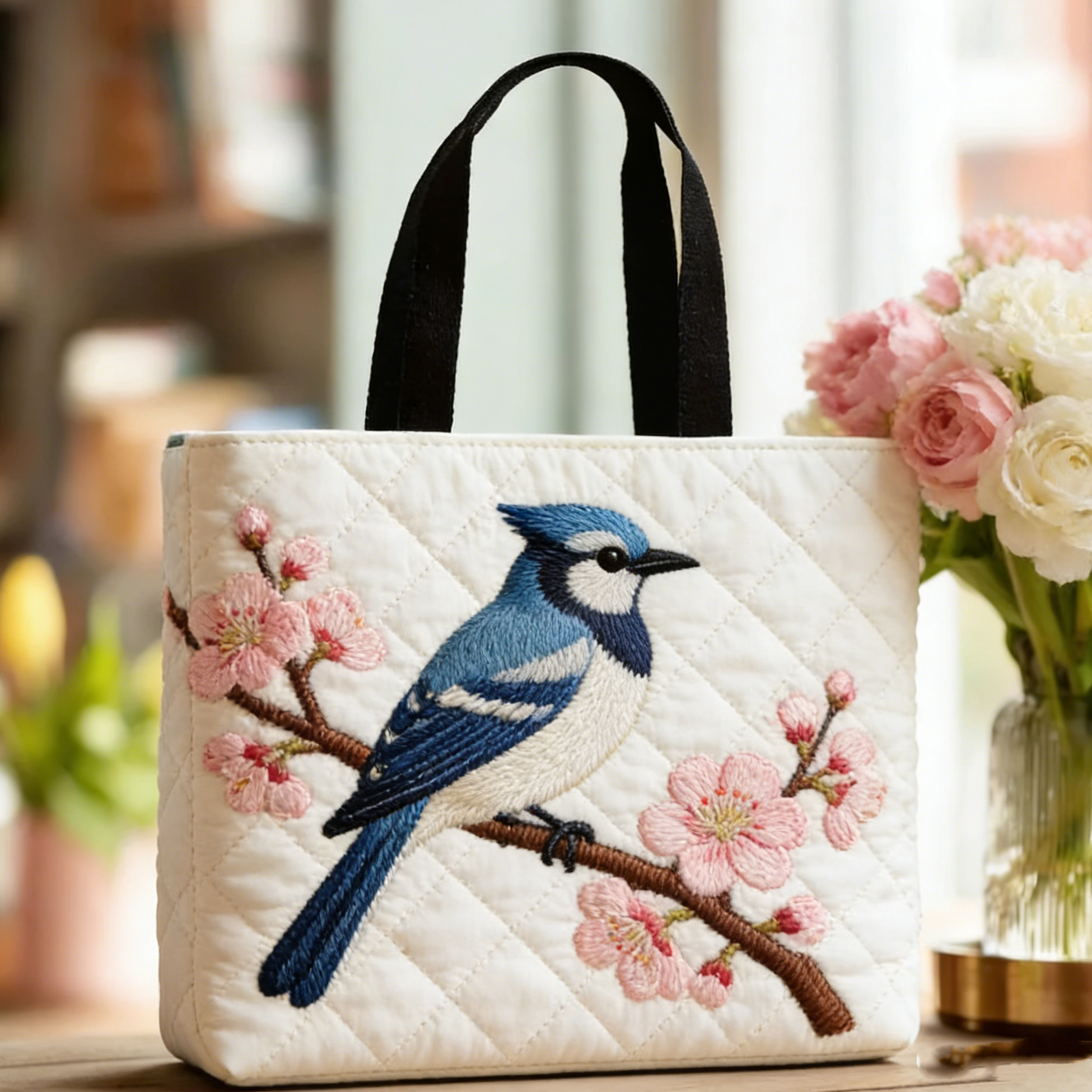 Stitched Blue Bird Quilted Tote Bag: Soft White Style with Pink Cherry Blossoms