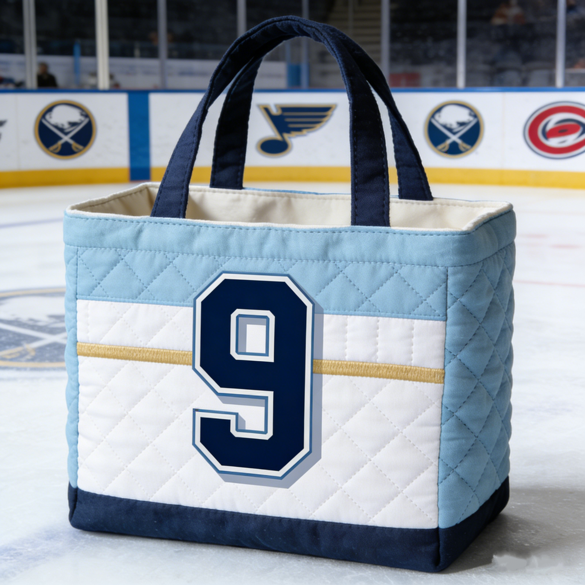 Handmade Quilted Sporty Tote Bag, Hockey Pattern Fabric Shoulder Handbag