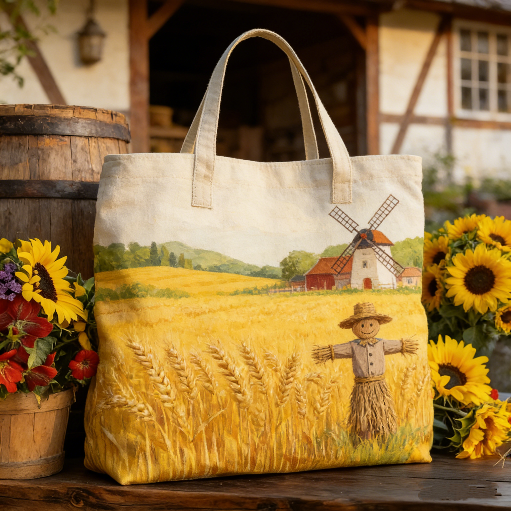 Wheat Field & Scarecrow Quilted Tote Bag