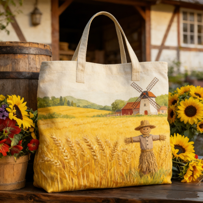 Wheat Field & Scarecrow Quilted Tote Bag