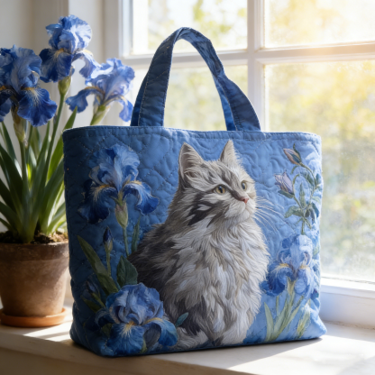 Silver Cat & Blue Iris Quilted Tote Bag QURZ8253