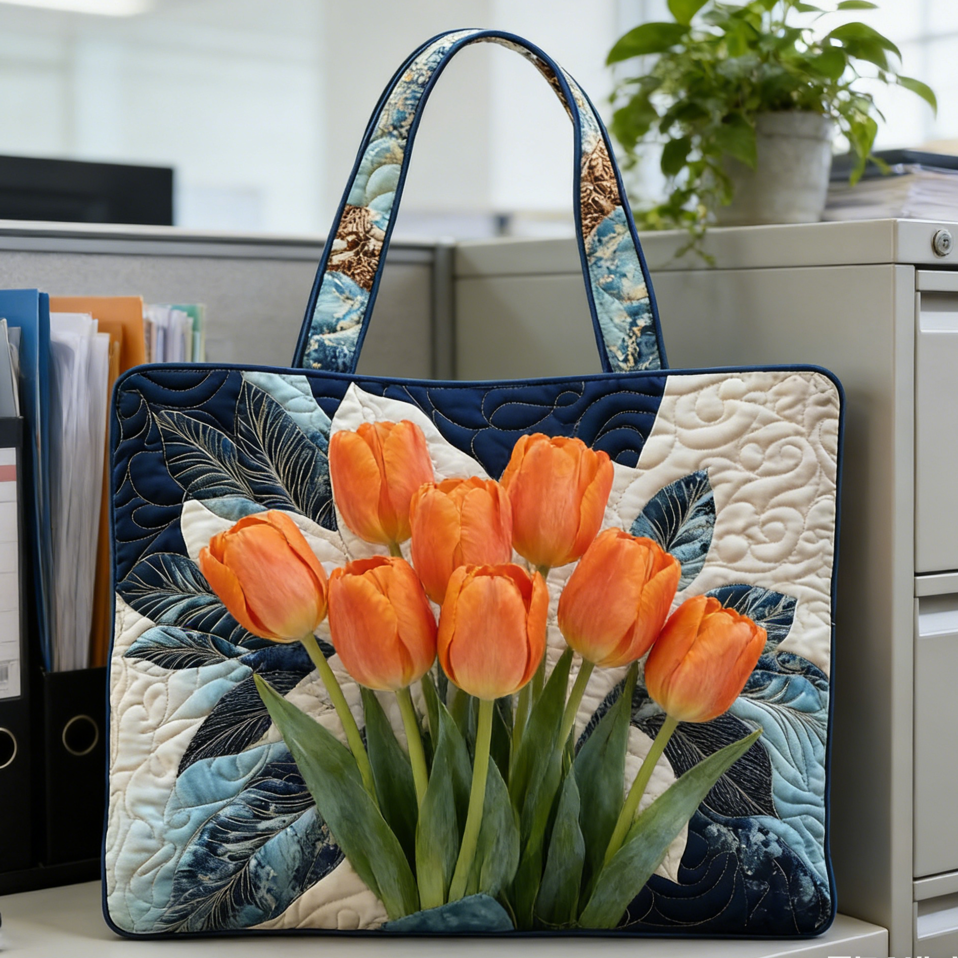 Orange Tulip Quilted Tote Bag NCEU5823