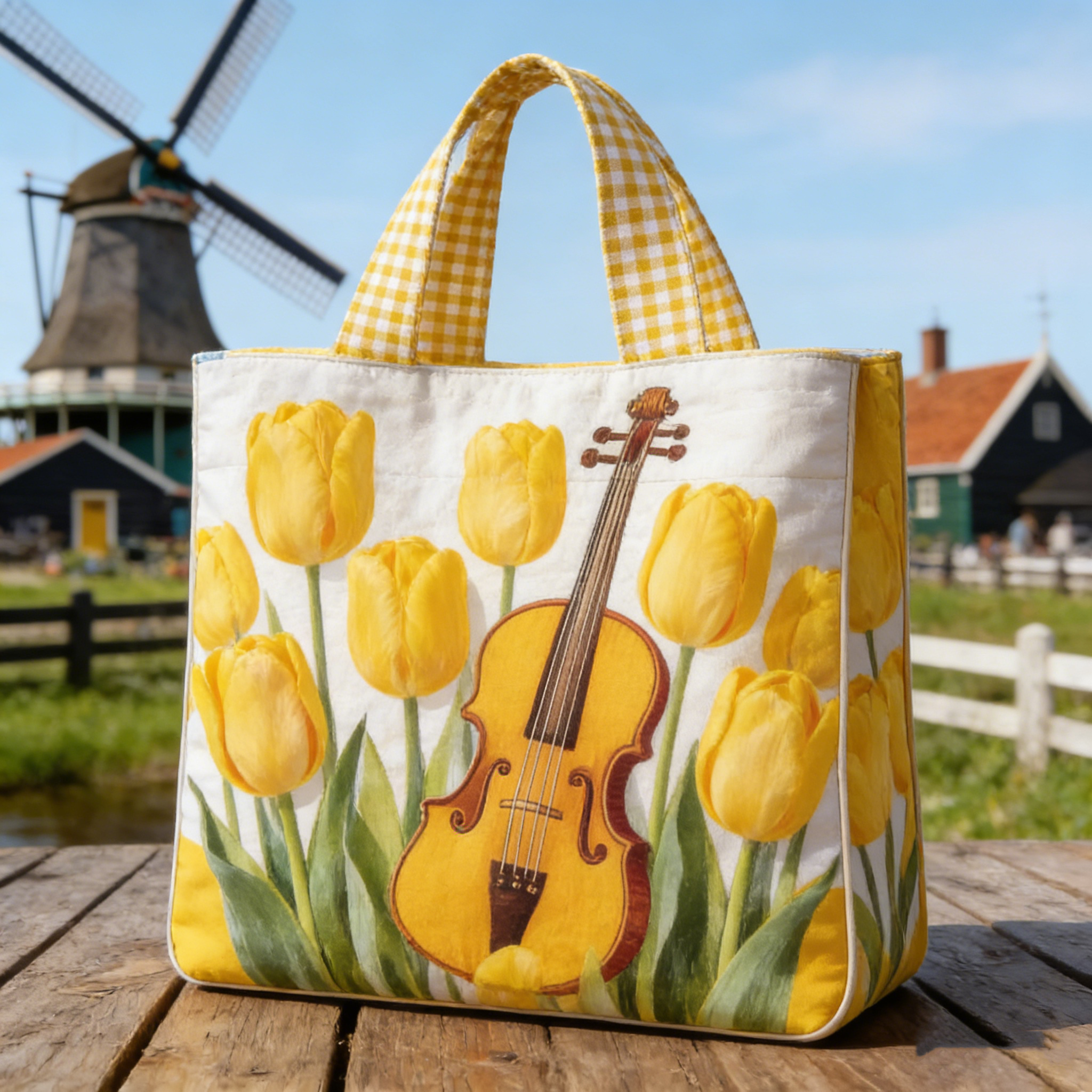 Bright Tulip & Violin Quilted Tote Bag