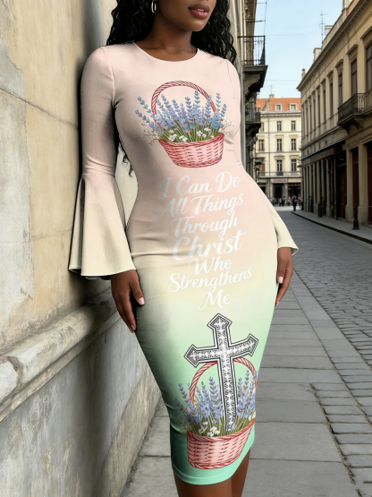 Ombre Pink-Green Lavender Cross Easter Flare Sleeve Bodycon Midi Dress