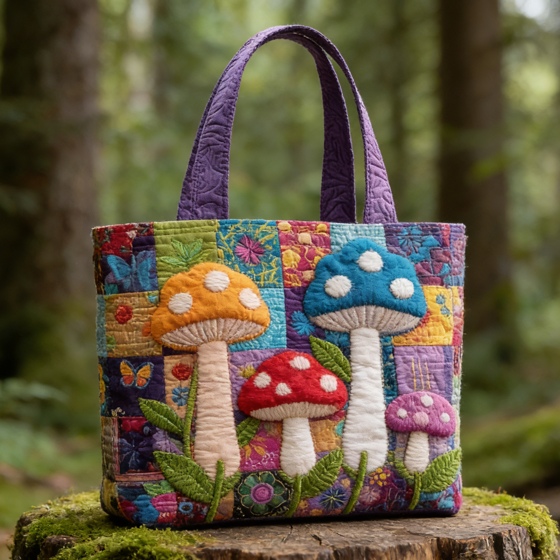 Whimsical Mushroom Patchwork Quilted Tote Bag UH5874