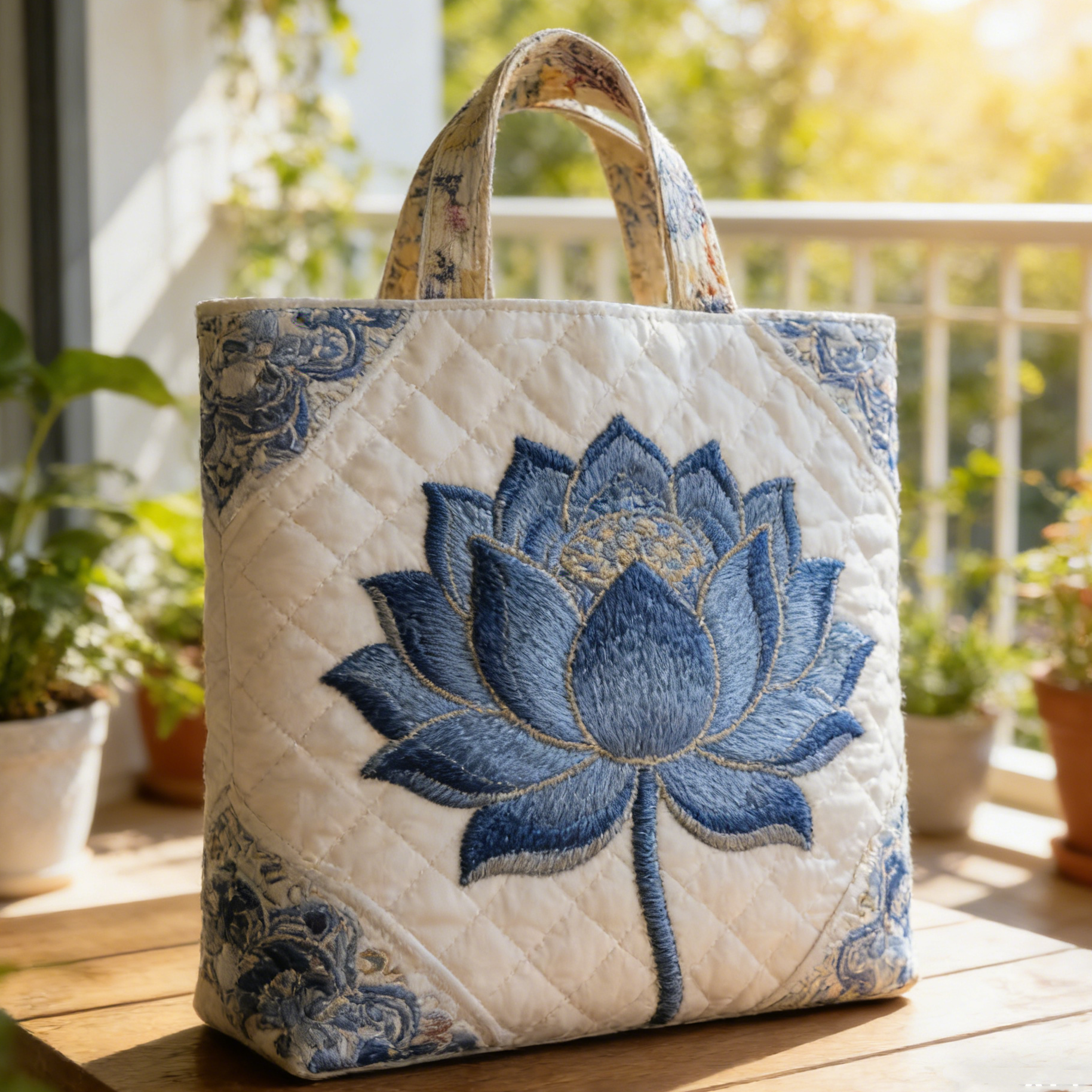 Indigo Lotus Quilted Tote Bag ODFV7146