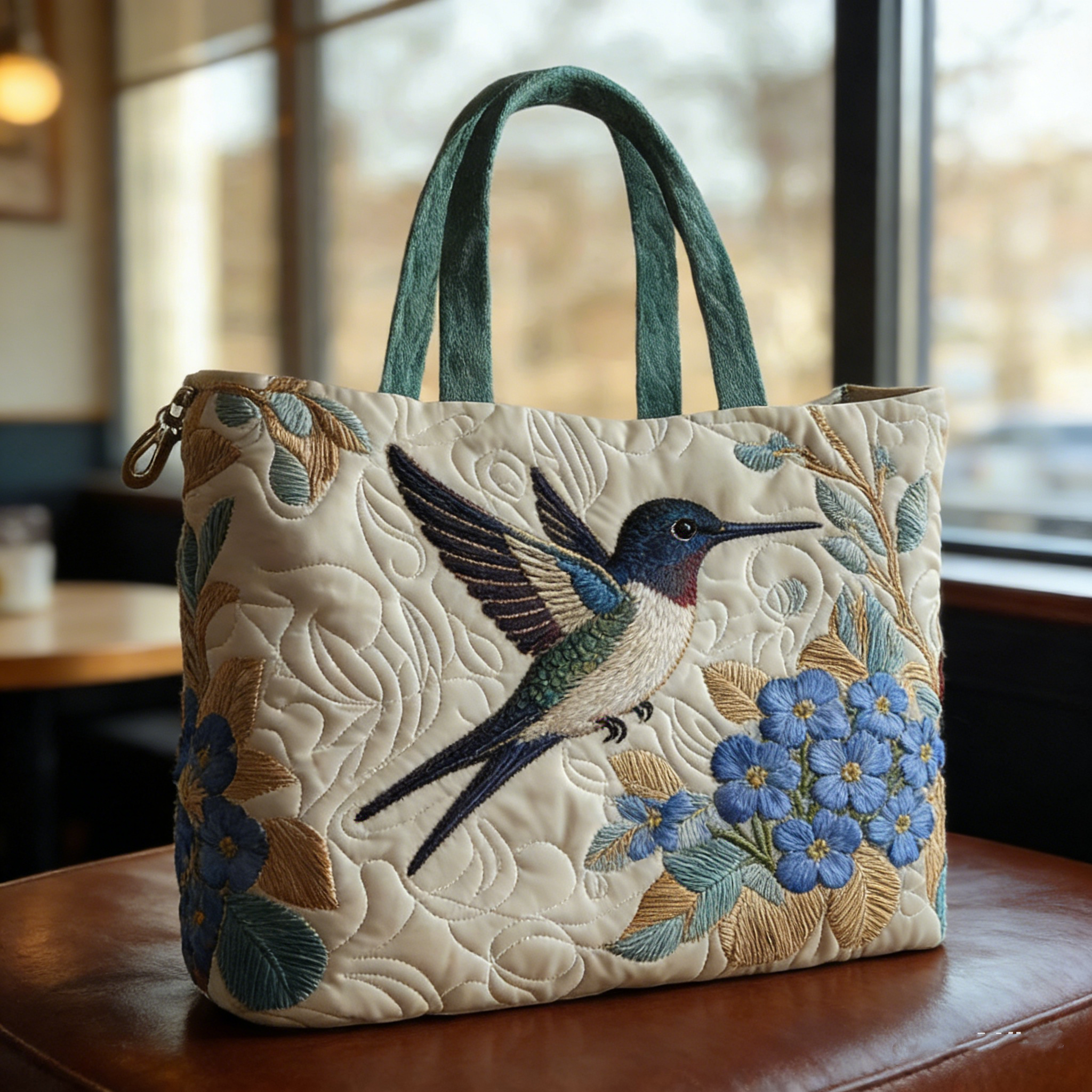 Hummingbird & Blue Floral Quilted Tote Bag ML50500