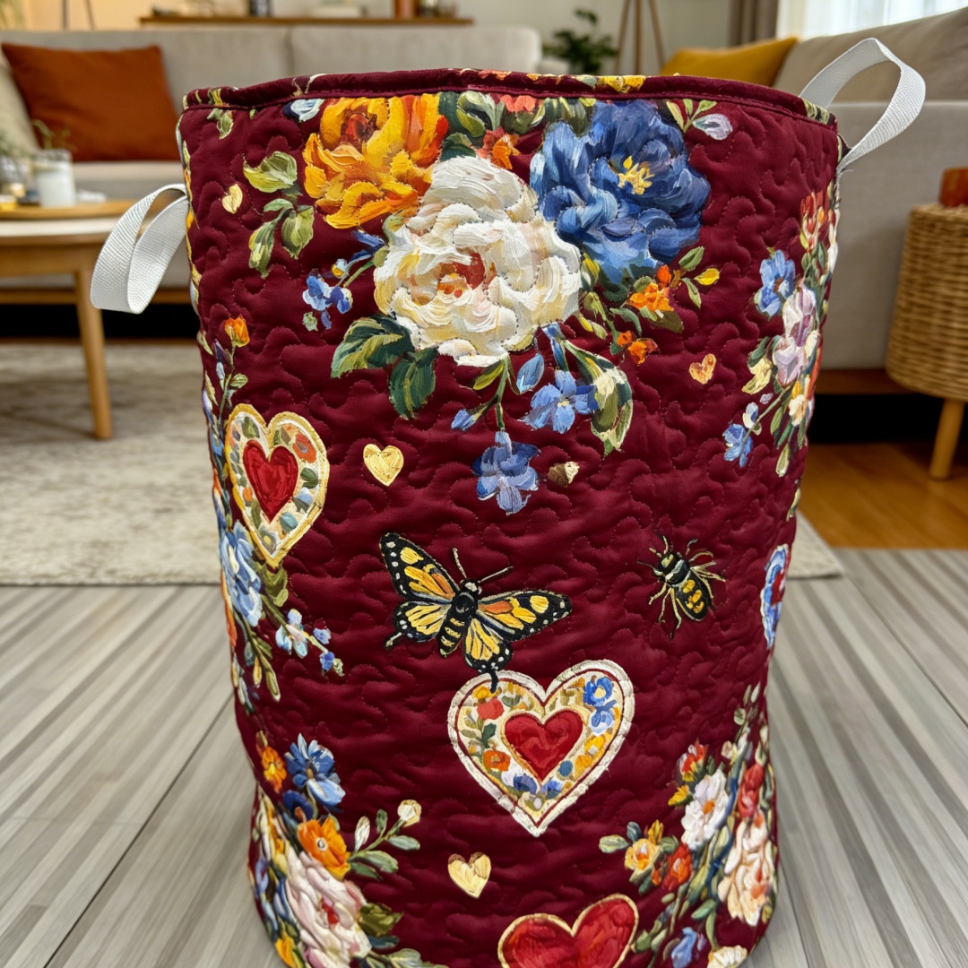 Burgundy Floral Heart & Butterfly Quilted Laundry Basket [Real Shot]42