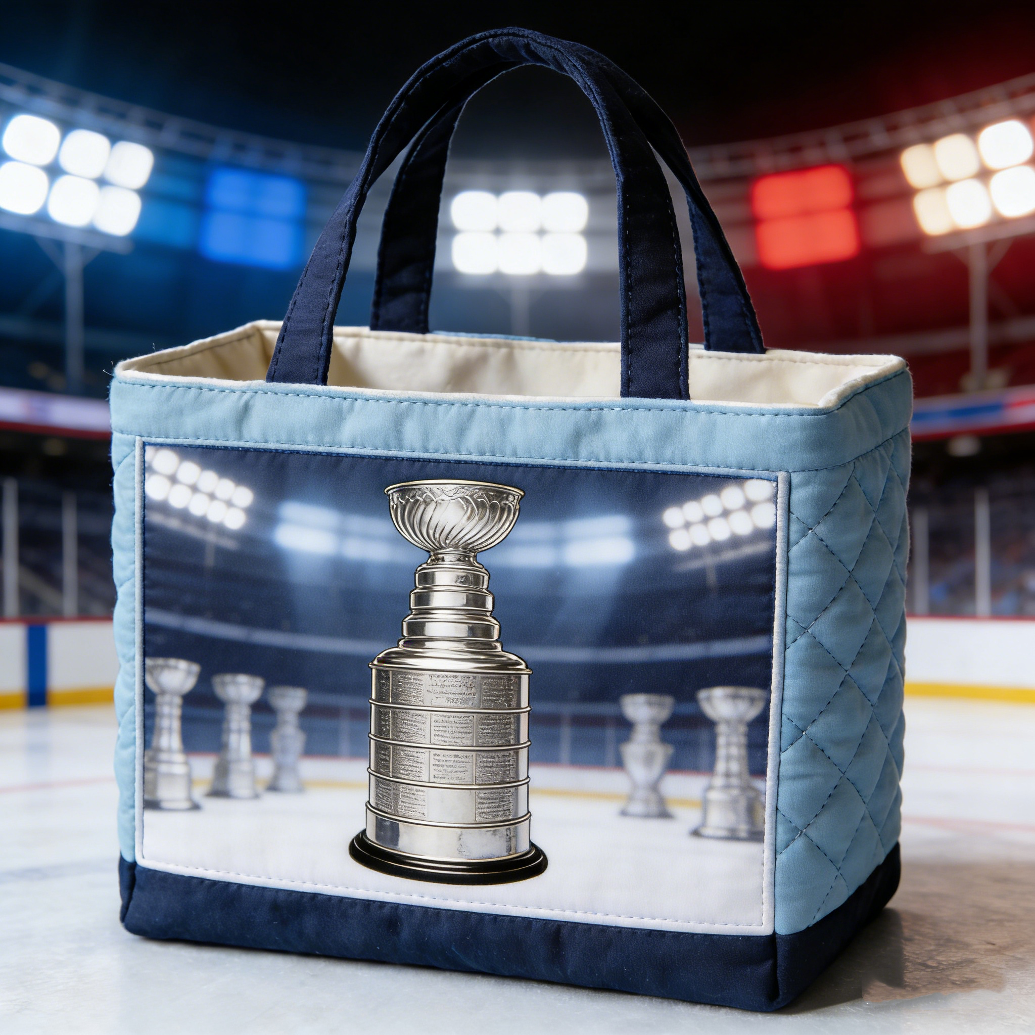 Handmade Quilted Sporty Tote Bag, Hockey Pattern Fabric Shoulder Handbag