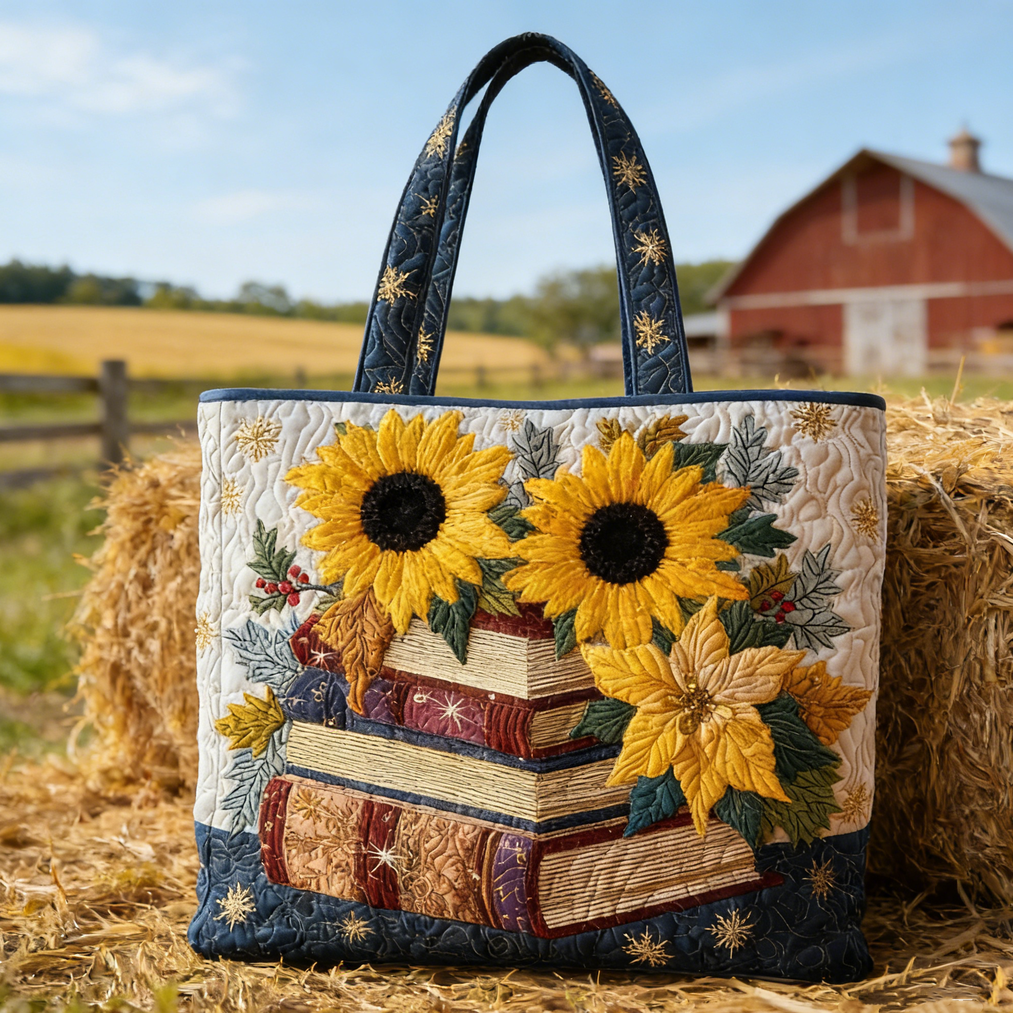 Sunflower & Stacked Books Quilted Tote Bag GT50600