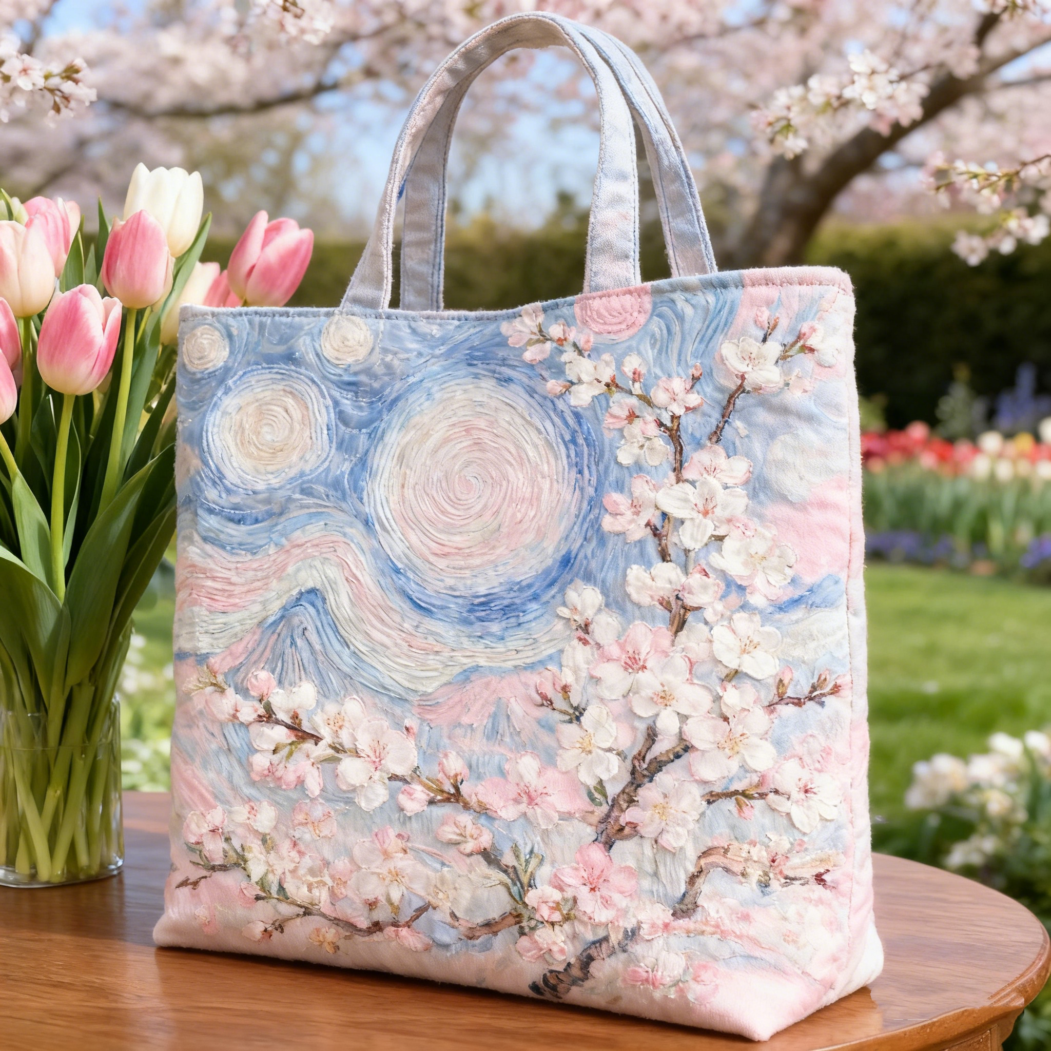 Embroidered Cherry Blossom Starry Night Tote Bag