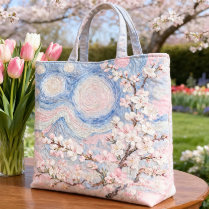 Embroidered Cherry Blossom Starry Night Tote Bag
