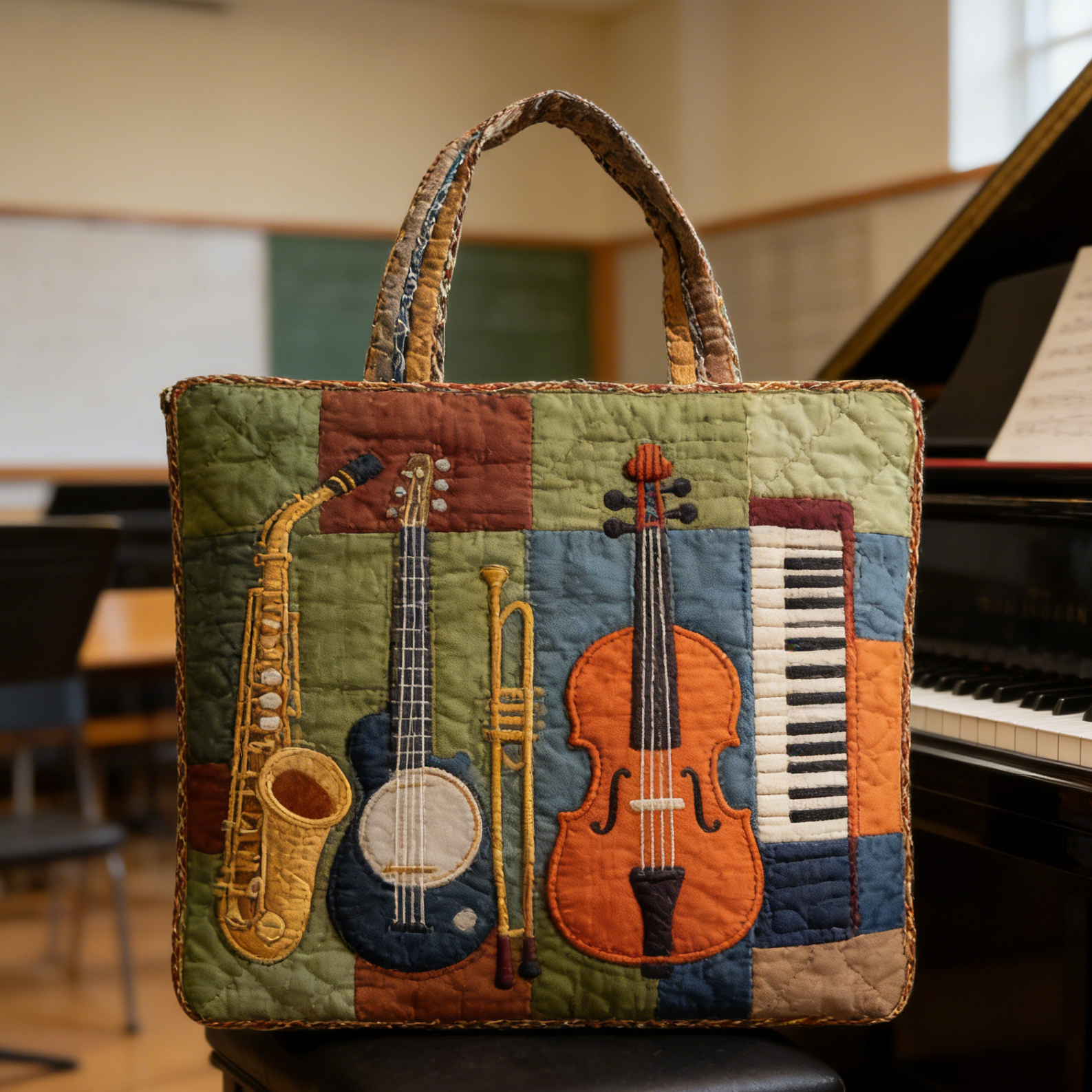 Stitched Instrument Quilted Tote Bag