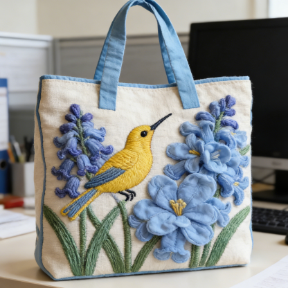 Yellow Bird & Blue Flower Quilted Tote Bag