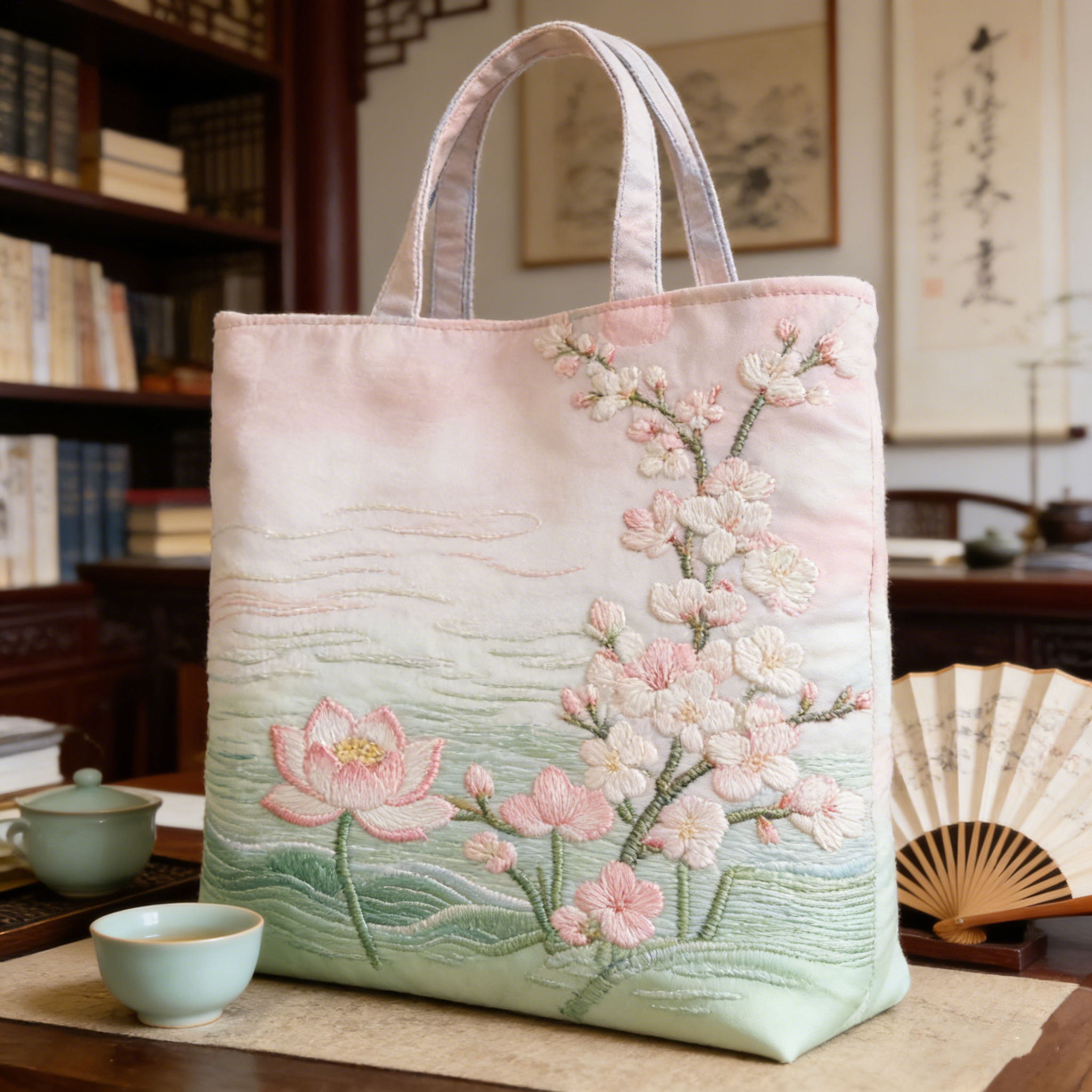 Oriental Cherry & Lotus Quilted Tote Bag TXUC1736