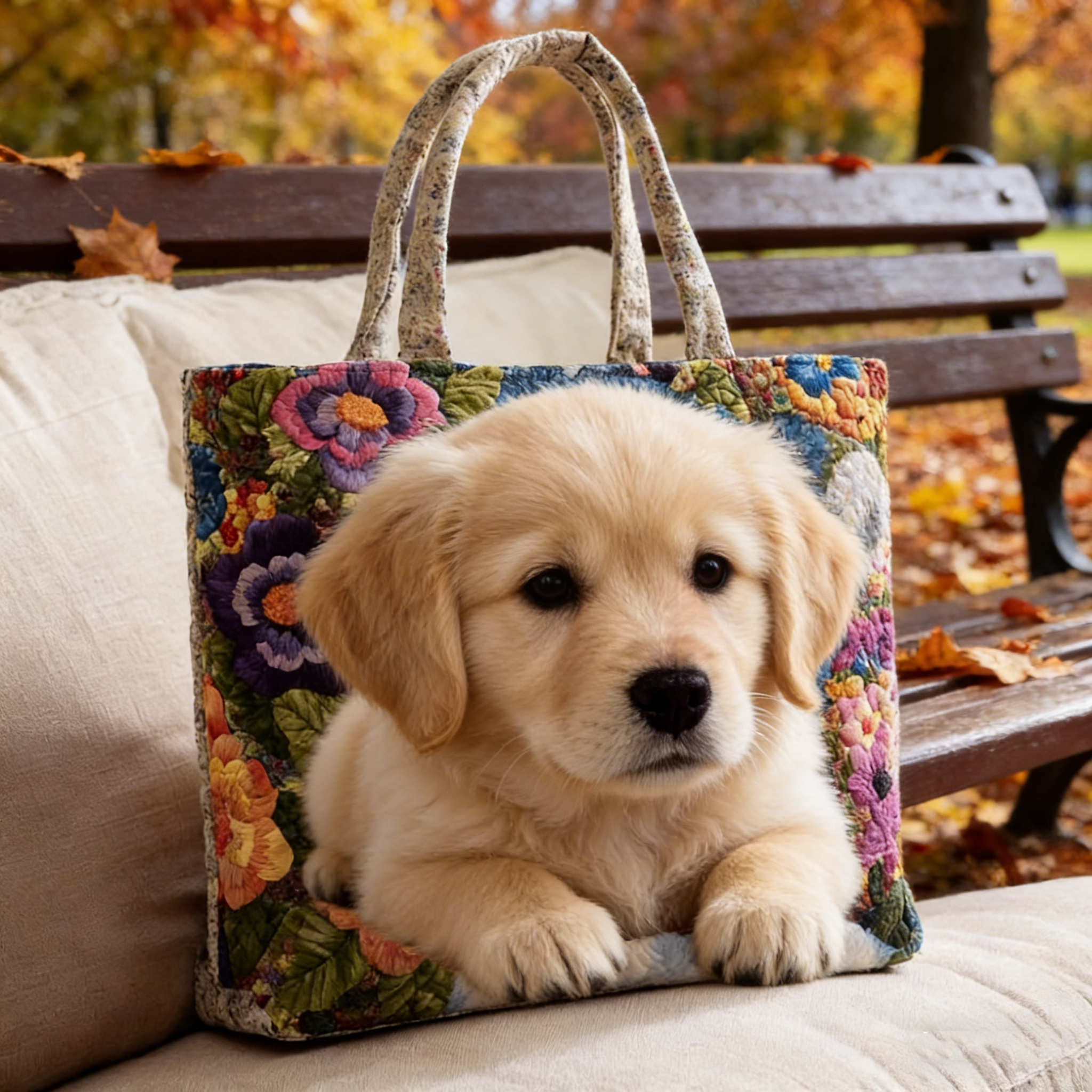Autumn Floral Puppy Quilted Tote Bag ML4769