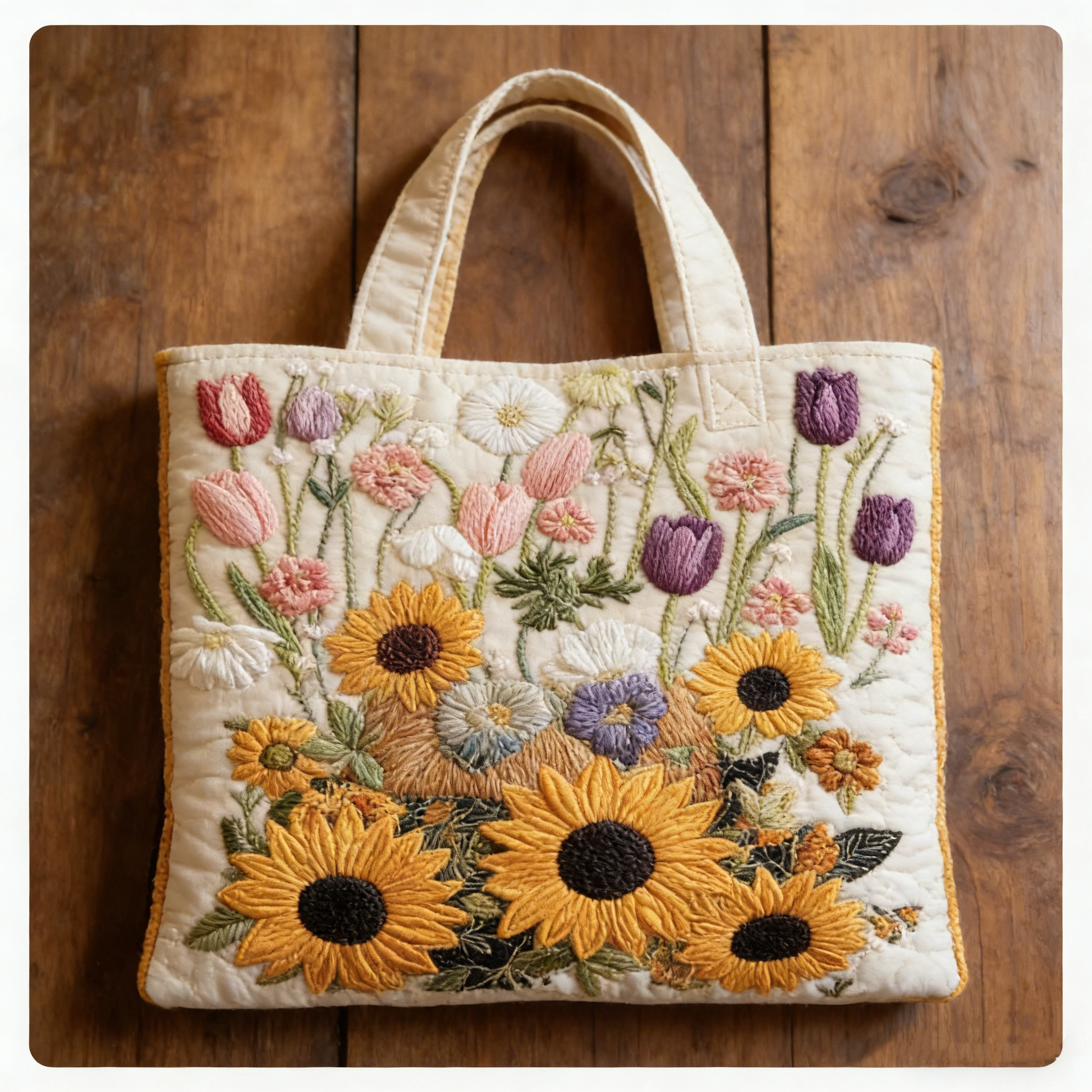 Stitched Flower Field Quilted Tote Bag: Bright Sunflower & Floral Design for Outdoor Vibes