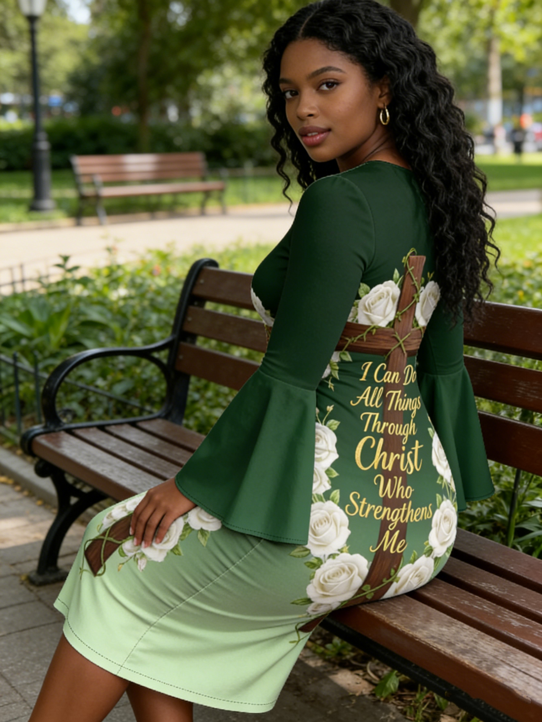 Ombre Green Christian Cross Easter Flare Sleeve Bodycon Midi Dress