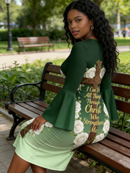 Ombre Green Christian Cross Easter Flare Sleeve Bodycon Midi Dress