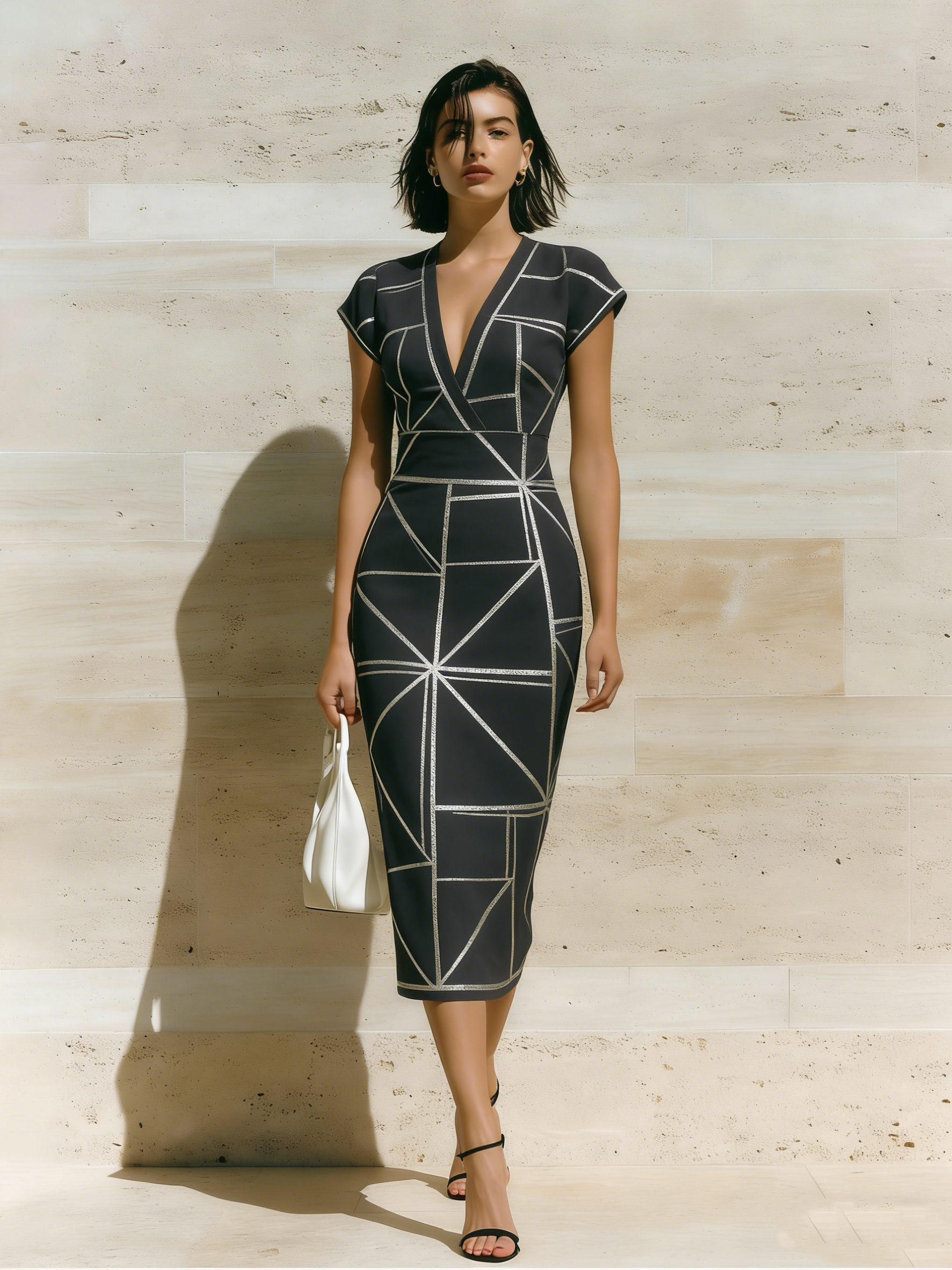 Black & Silver Geometric Cap Sleeve V-Neck Midi Dress XCV825