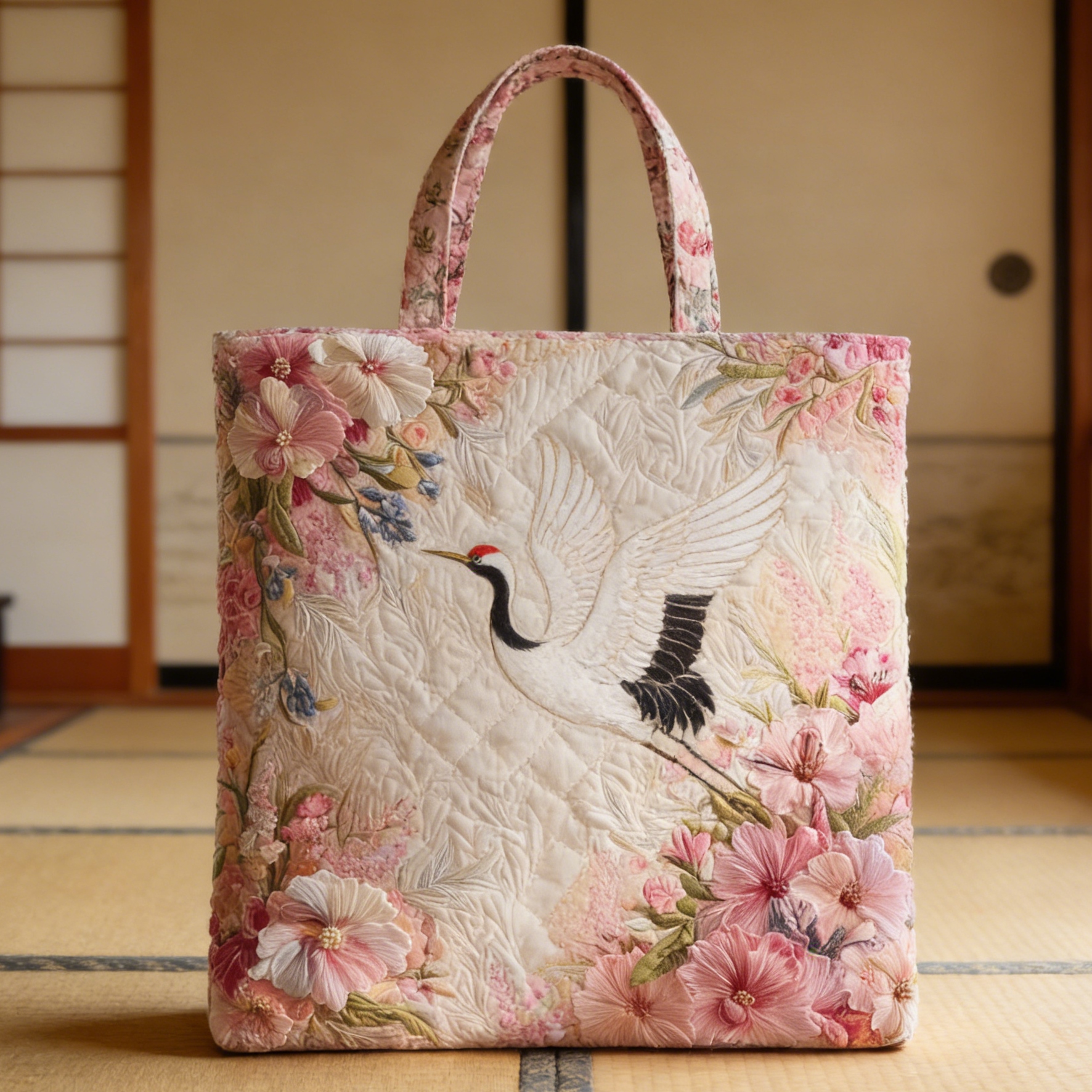 Crane & Floral Quilted Tote Bag MNOPWI569
