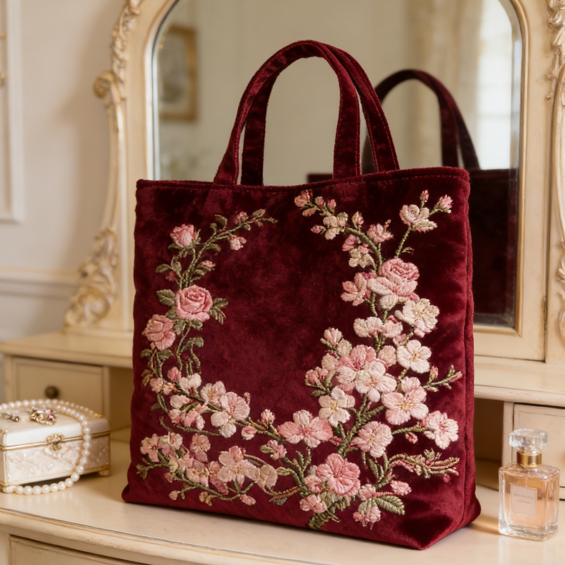 Burgundy Floral Velvet Quilted Tote Bag UYVD2845