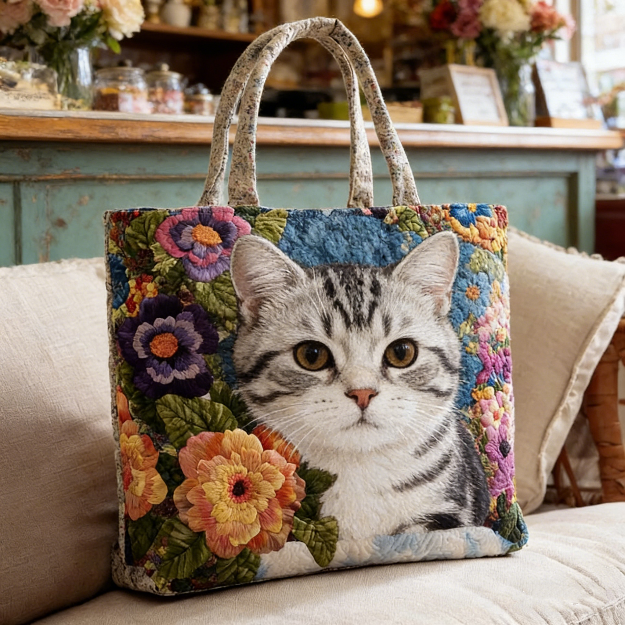 Floral Tabby Cat Quilted Tote Bag BR3615
