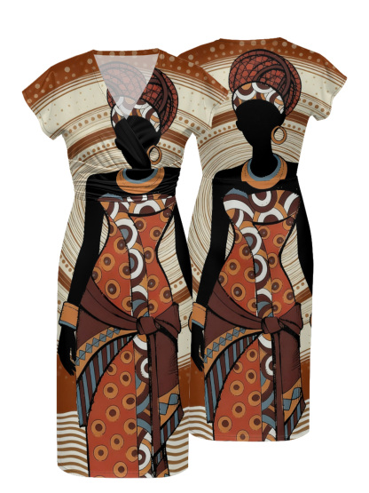 African Print Cap Sleeve V-Neck Midi Dress IJG7685