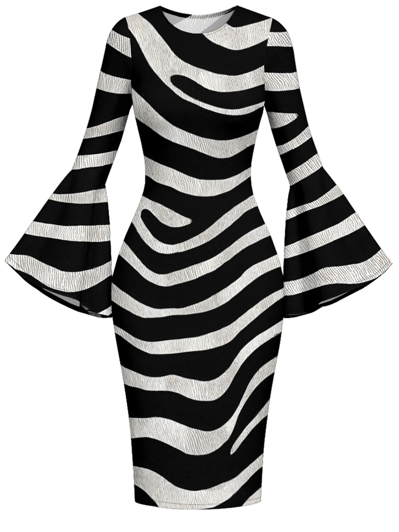 Zebra Stripe Flare Sleeve Bodycon Midi Dress