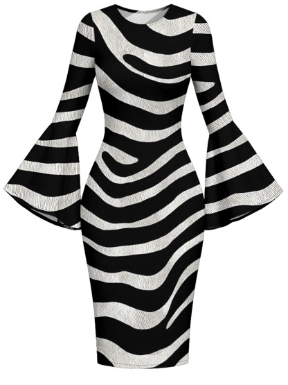 Zebra Stripe Flare Sleeve Bodycon Midi Dress
