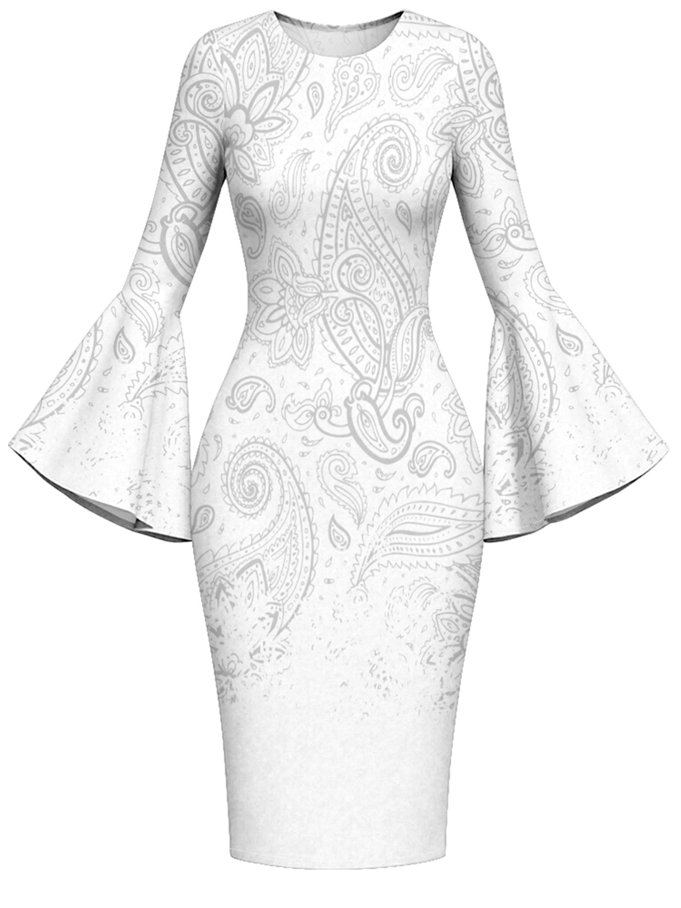 White Gradient Paisley Flare Sleeve Bodycon Midi Dress