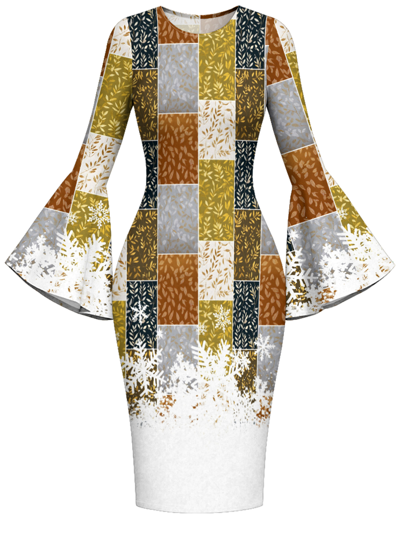 Autumn Patchwork Snowflake Flare Sleeve Bodycon Midi Dress
