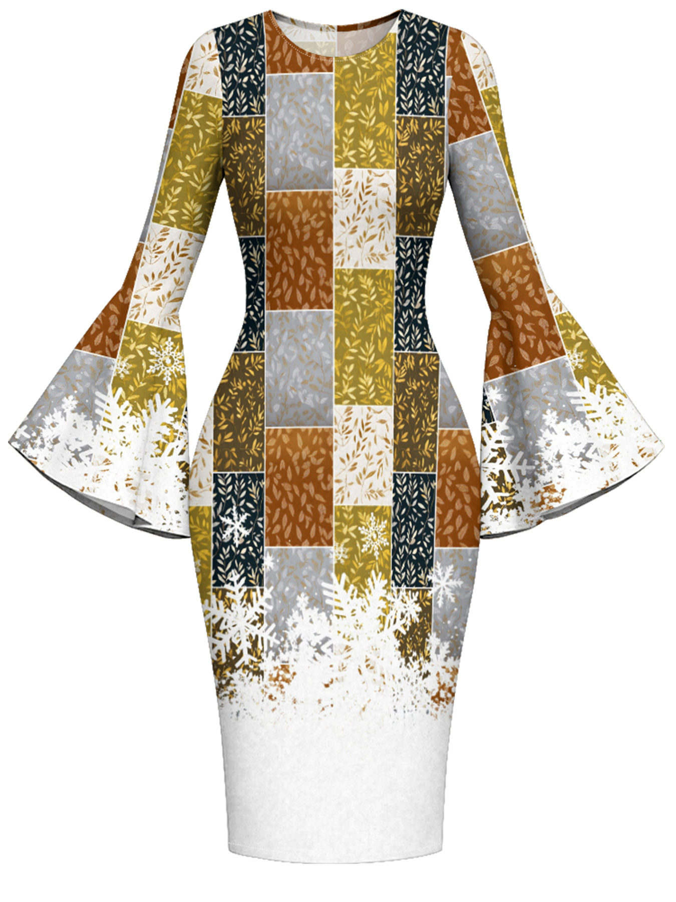 Autumn Patchwork Snowflake Flare Sleeve Bodycon Midi Dress