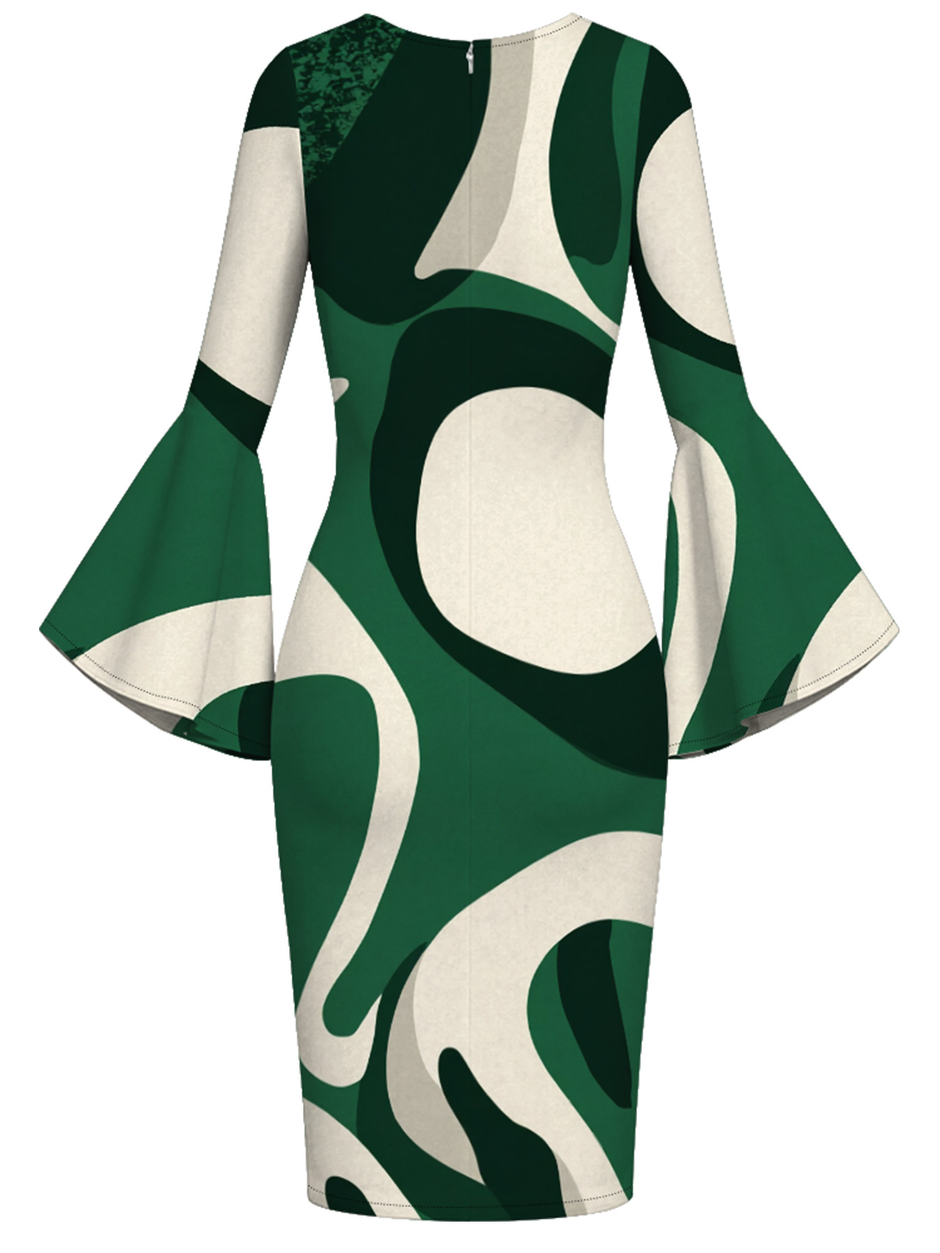 Green & White Abstract Flare Sleeve Bodycon Midi Dress