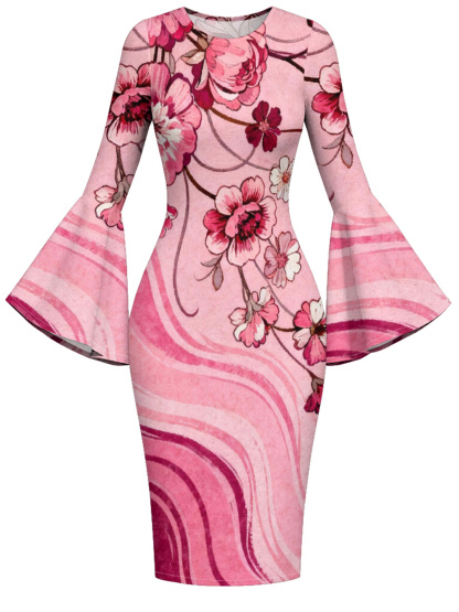 Pink Floral Wave Flare Sleeve Bodycon Midi Dress