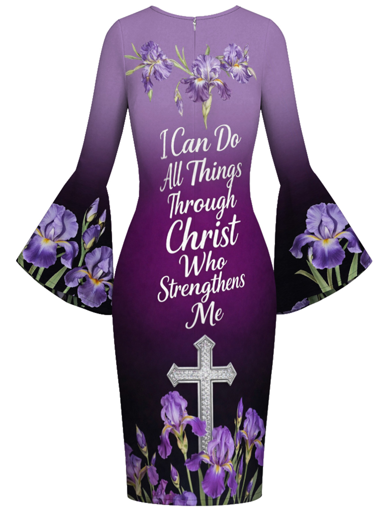 Purple Iris Faith Quote Flare Sleeve Bodycon Midi Dress