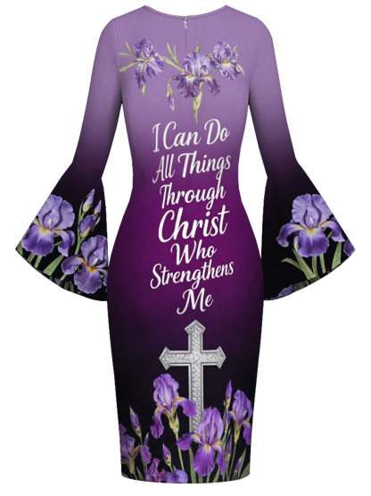 Purple Iris Faith Quote Flare Sleeve Bodycon Midi Dress