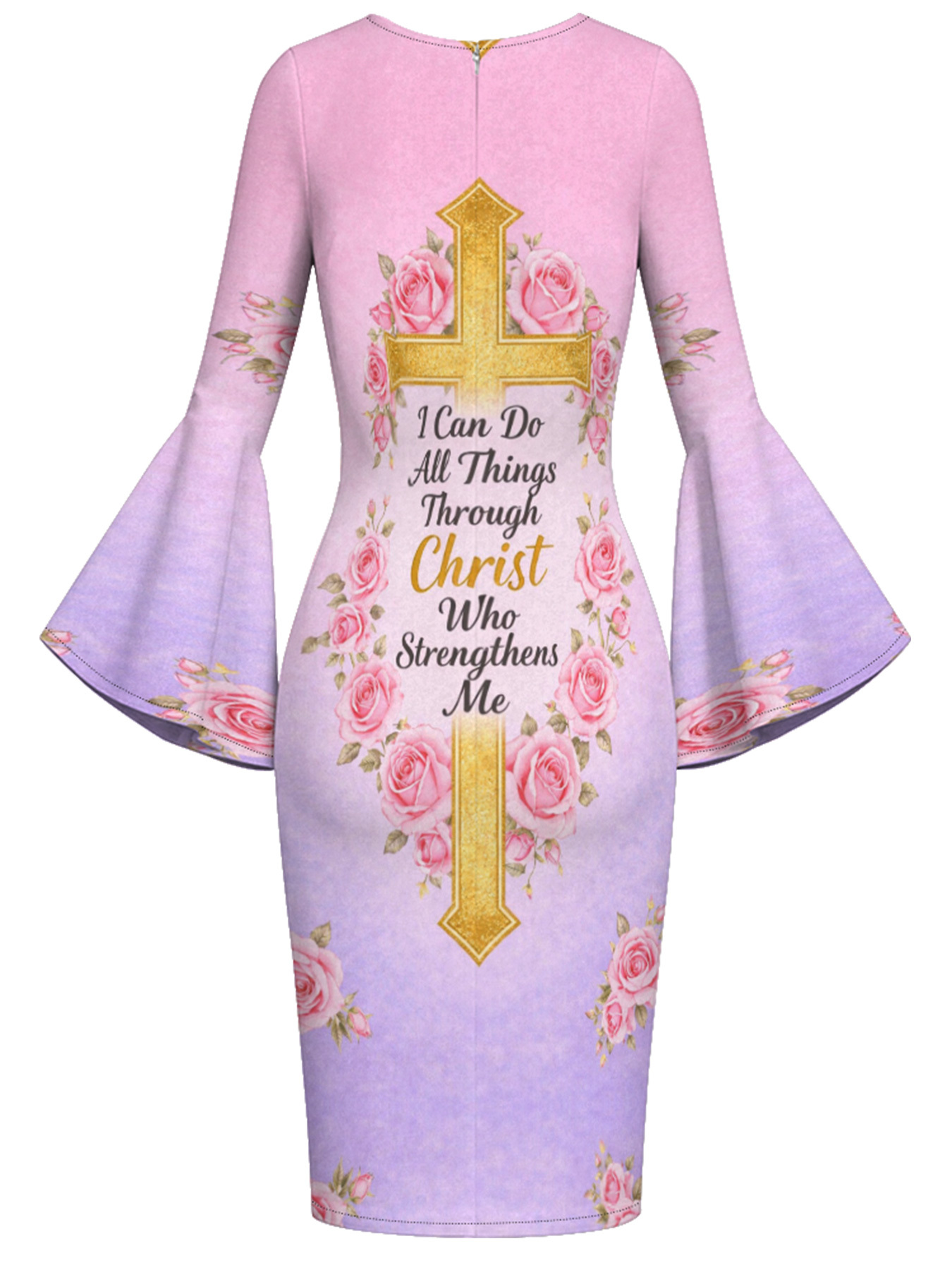 Pink Rose Gold Cross Christian Flare Sleeve Bodycon Midi Dress