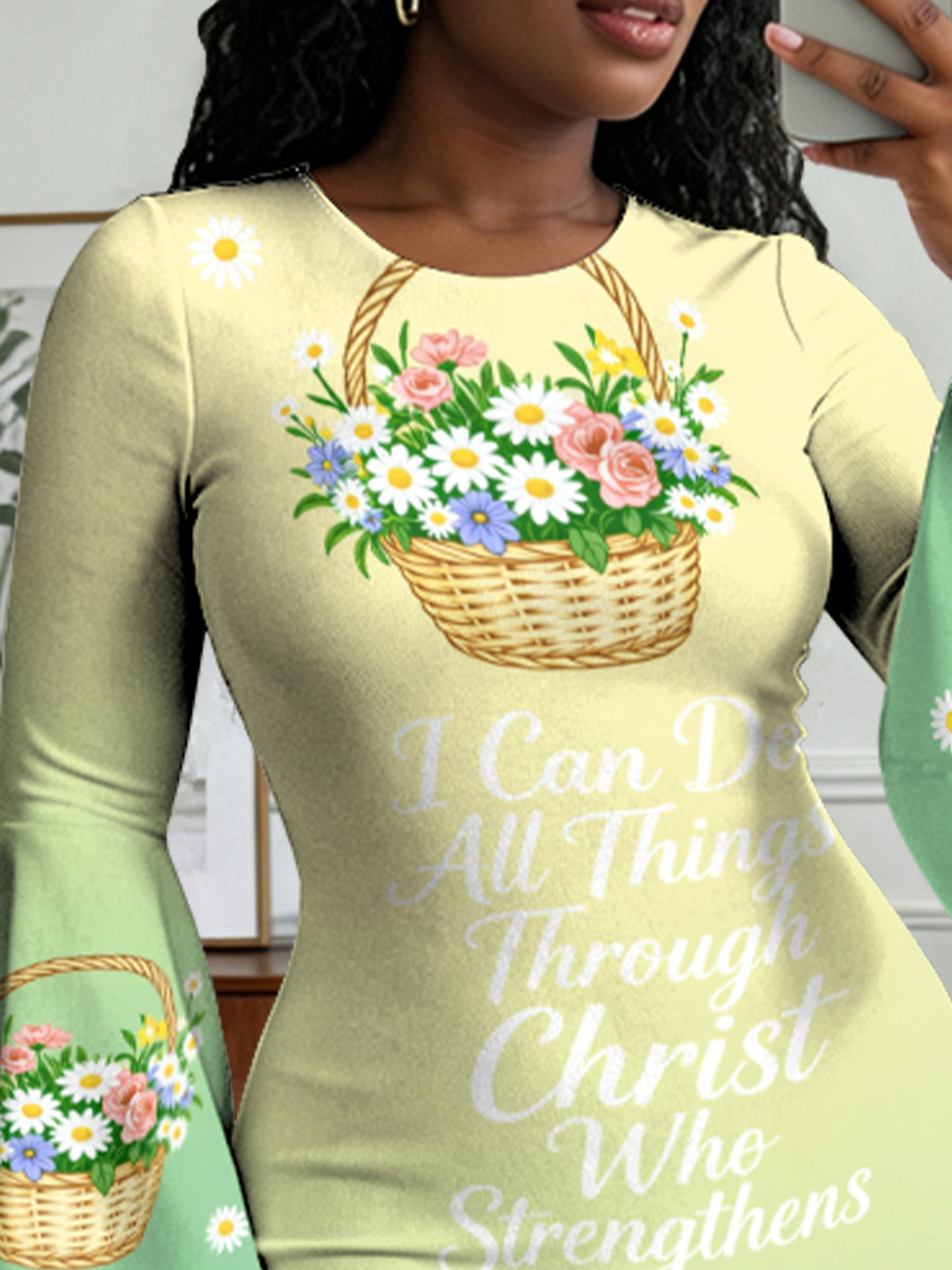 Christian Floral Basket Cross Flare Sleeve Bodycon Midi Dress