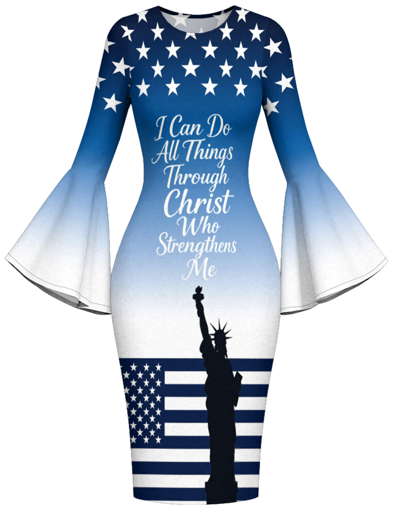 Patriotic Christian Flare Sleeve Bodycon Midi Dress