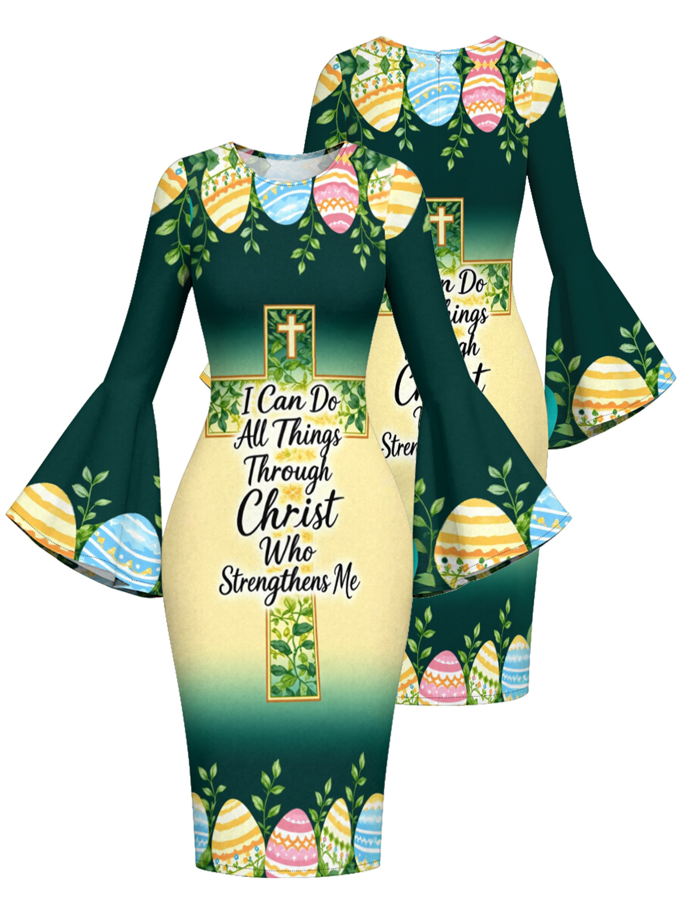 Easter Christian Cross Flare Sleeve Bodycon Midi Dress