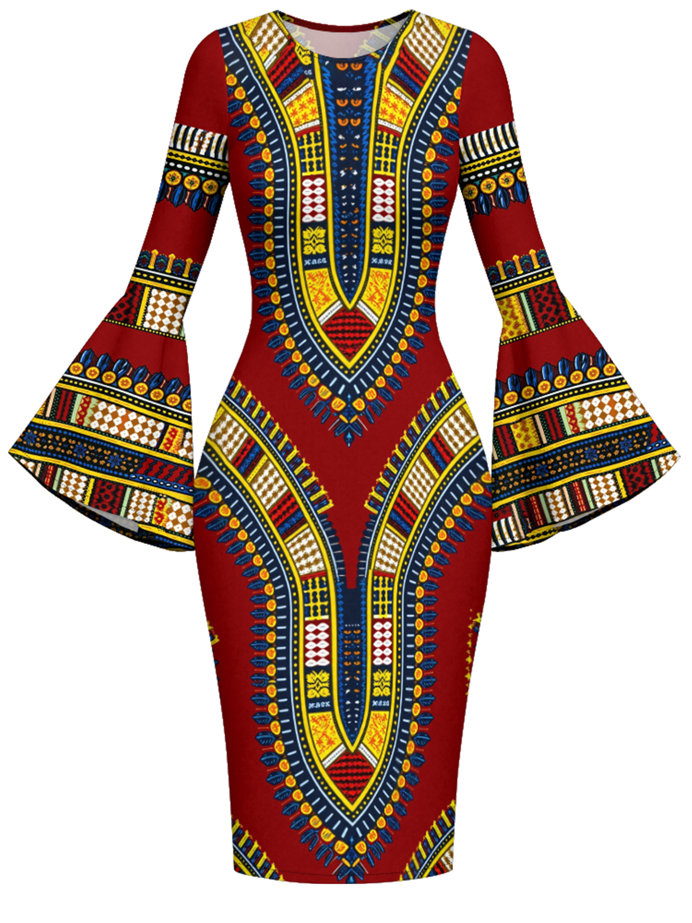 Red Dashiki Flare Sleeve Bodycon Midi Dress