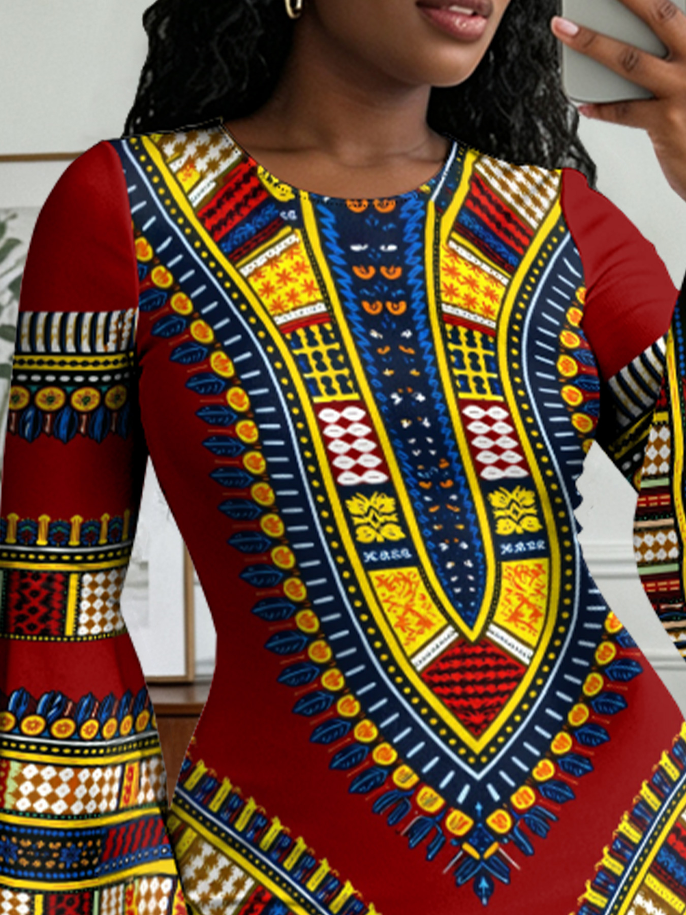 Red Dashiki Flare Sleeve Bodycon Midi Dress