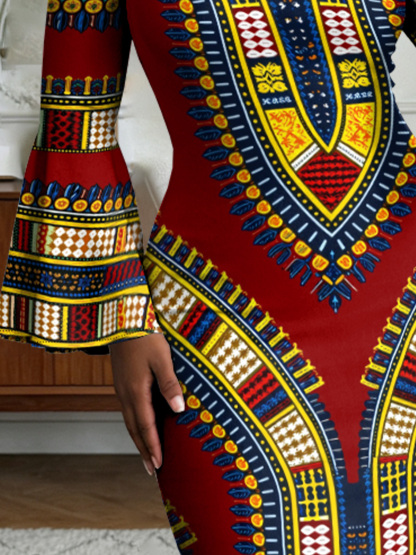 Red Dashiki Flare Sleeve Bodycon Midi Dress