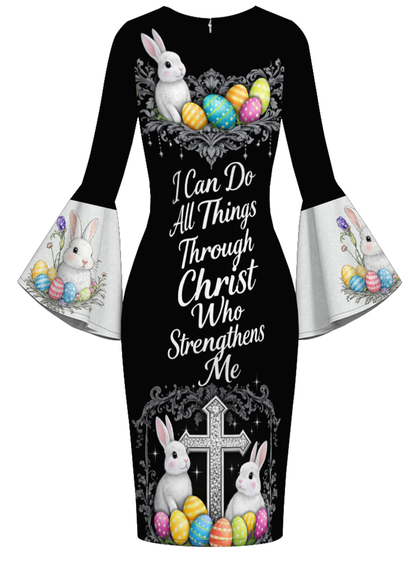 Easter Bunny Christian Cross Flare Sleeve Bodycon Midi Dress