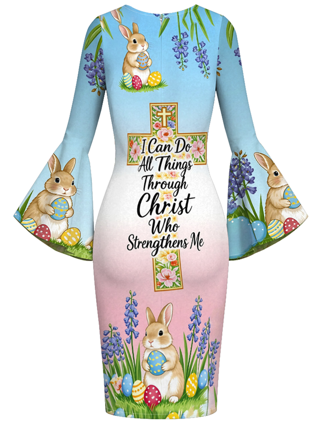 Pastel Easter Bunny Christian Cross Flare Sleeve Bodycon Midi Dress